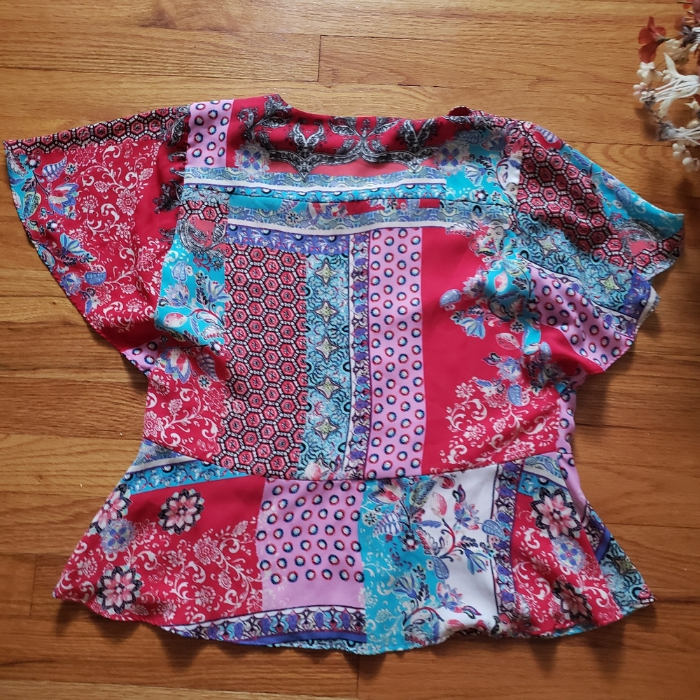 Chicos Patchwork Print Peplum Flutter Sleeve Top … - image 4